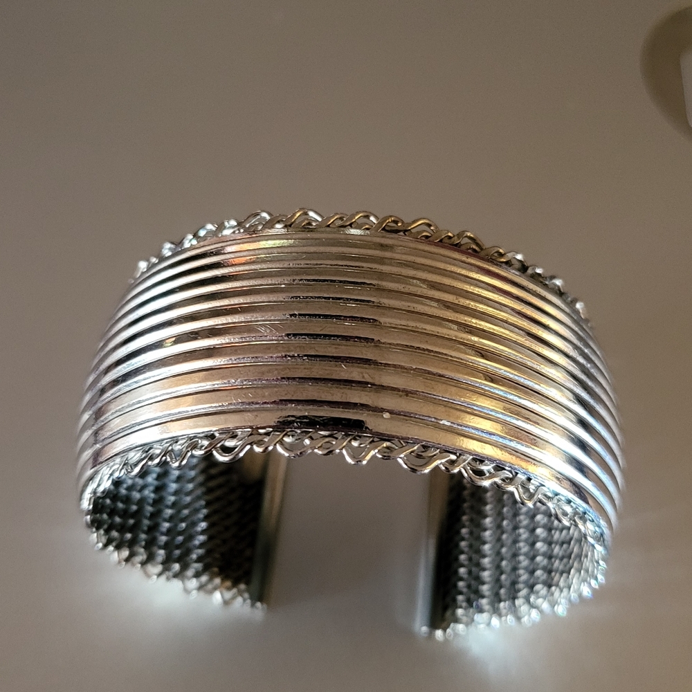 Late 1950's "VOLUPTE" Signed Cartouche Silver Ribbed 1.25" Wide Cuff Bracelet